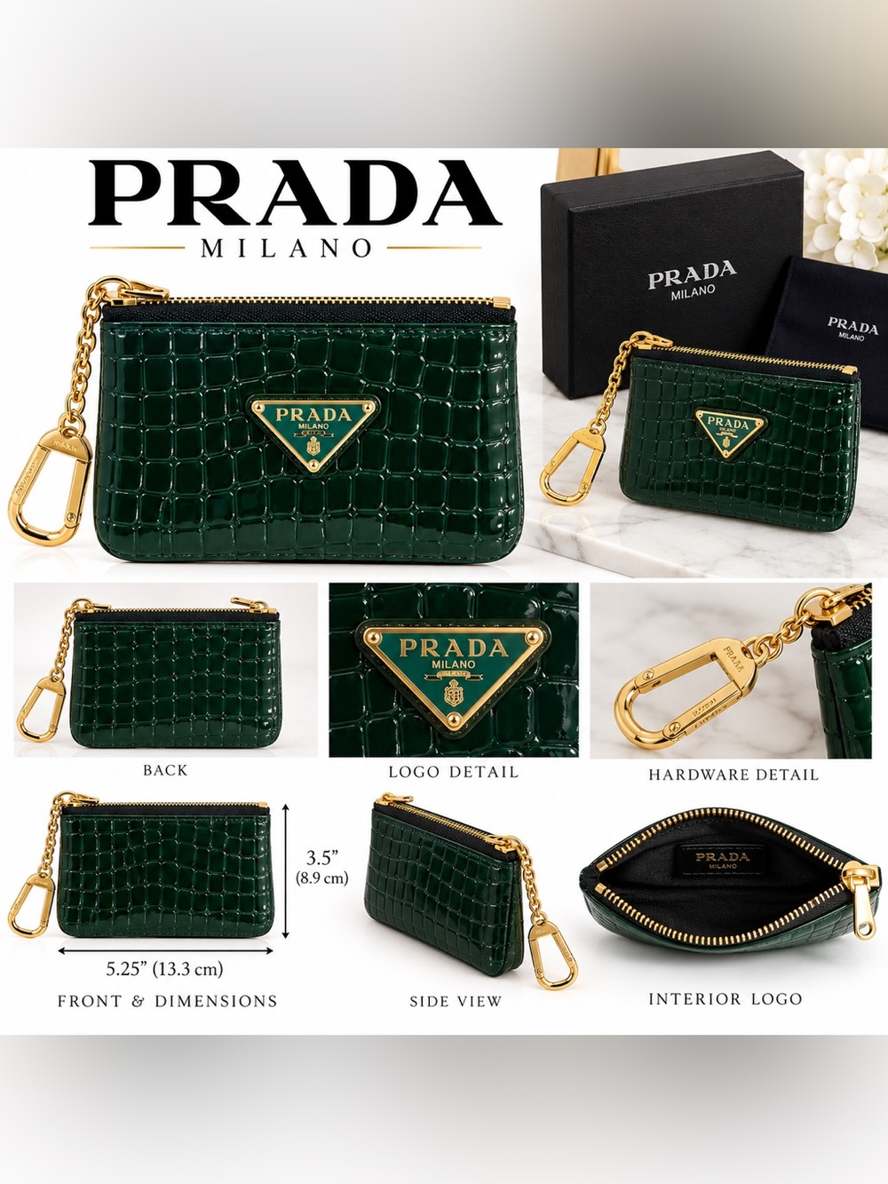 Dark Green Croc-Embossed Mini Key Pouch with Gold Chain